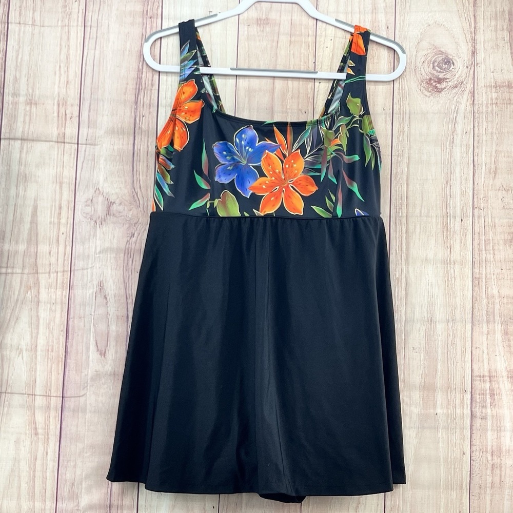 Longitude One Piece SwimDress Black BathingSuit Lightly Lined Wireless Sz 22W